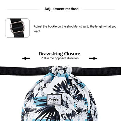 XEYOU Drawstring Backpack Bag Sport Gym Sackpack Beach Cinch Bag | Lightweight Swimming Bag, Water-Resistant Fabric, Travel Daypack for Women and Men - color: Black and White Flower Pattern