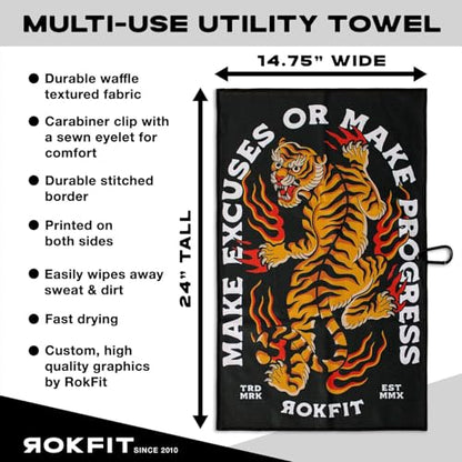 RokFit Gym & Golf Towel – Multi-Use, Quick-Dry, Durable Utility Towel with Bold Graphic and Carabiner Clip (Make Excuses Or Make Progress) - color: Make Excuses Or Make Progress