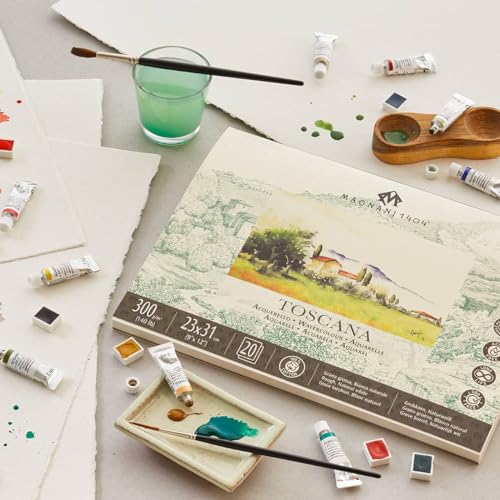 Magnani 1404 Toscana Rough 100% Cotton Watercolor Paper Pad, 20 Sheets, 8x8, 140 lb, Acid-Free, UV Resistant, Deckled Edges, Vegan Sized Water Color Paper for Artists, Made in Italy - size: 8x8" Pad