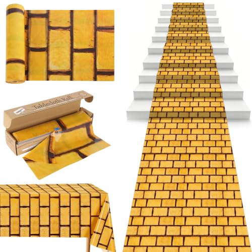 100FT x 54IN Halloween Yellow Brick Tablecloth Roll with Slide Cutter Box | Heavy Duty Disposable Platic Table Cover Wall Backdrop, Cut-to-size for Halloween Wizard Castle Party Decorations - color: Yellow, size: 1200" x 54" (Rectangular)