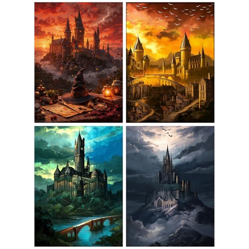 4 Pack Castle Paint by Numbers Kit for Adults Framed Canvas Frameworkless | Easy Adult Paint by Number Kits on Canvas DIY 4 Pack Castle Painting for Beginners Art by Numbers for Home Wall Decor Gift - color: YH03248