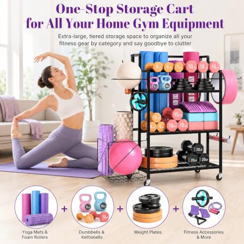 4-Tier Weight Rack for Home Gym with Wheels, Hooks and Dumbbell Storage