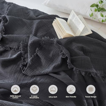 MooMee 100% Cotton Muslin Blanket Fringed 4-Layer Gauze Bed Throw, King - color: Dark Grey, size: King