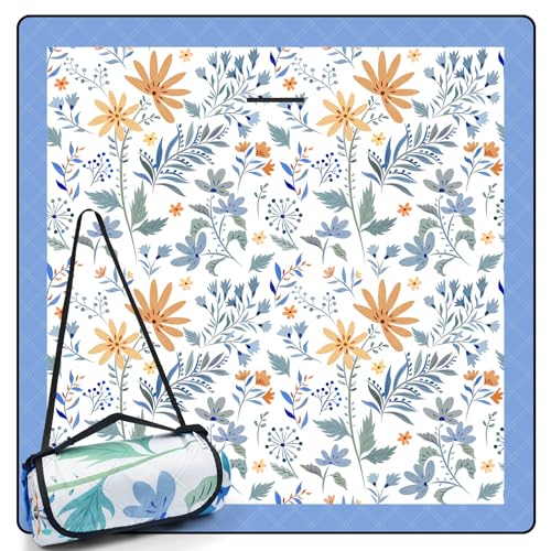 DEWUR Picnic Blankets 79"x79" Extra Large Outdoor Blanket Beach Blanket Waterproof SandProof Picnic Mat Washable Foldable Portable for Grass Lawn Beach Camping (White with Flowers) - color: White With Flowers