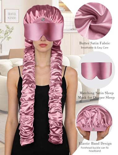 Satin Bonnet for Sleeping with Eye Mask，No Slip Sleep Bonnet with Long Curling Ribbons for Braids & Long Hair - color: Pink
