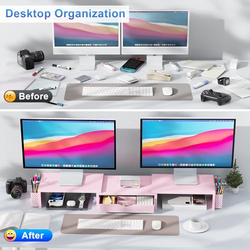 gianotter Dual Monitor Stand Riser With Drawer and 2 Pen Holders - color: Pink