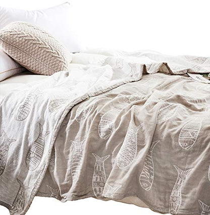 MEJU Fish Gray Muslin Lightweight Summer Blanket for Bed Sofa Couch 100% Combed Cotton 3 Layer Soft Warm Quick Dry Throw Blanket Bedspread Bed Coverlet Sheet Full Queen 80 in X 90 in - color: Fish Gray, size: F/Q 80 in x 90 in