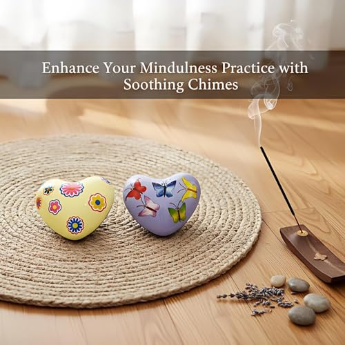 2 Pcs Heart Shaped Meditation Chime Bell Set, 1.77'' Hand-Painted Stainless Steel Hand Chimes for Anxiety Relief and Calm, Decorative Healing Bells with Cotton Pouches - Whimsical Nature