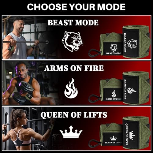TECEUM Elastic Cotton Weightlifting Wrist Wraps with Thumb Loops, 1 Pair - color: Military Green, style: 18" – Beast Mode