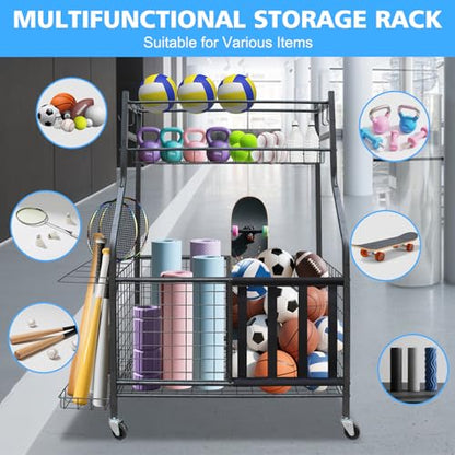 Sports Equipment Garage Organizer, Garage Ball Storage Rack with Basket, Hooks and Rolling Cart for Sports Gear and Toy Storage, Heavy Duty Ball Holder Indoor/Outdoor Use