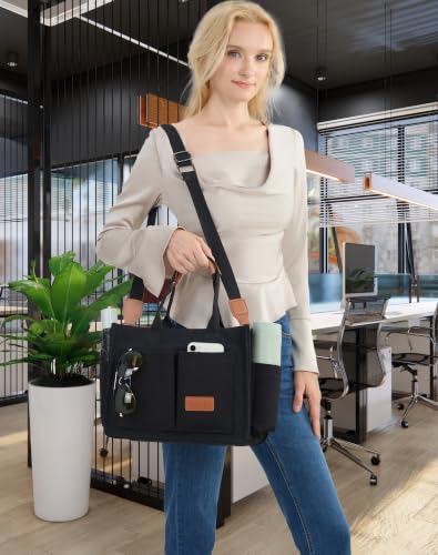 ZHMO Canvas Tote Bag for Women,Women's Bags Crossbody Bags Work Laptop Tote Bag Large Handbags Purse for Travel Nurse Teacher - color: New Upgrade Black With Compartments and Inner Cup Holders