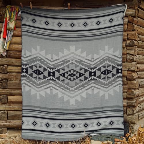 Aztec Blanket with Soft Sherpa Fleece, Southwestern Blankets, Boho Throws - color: Grey, size: 50" x 60"