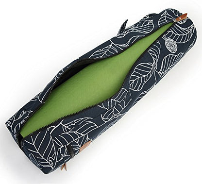 Yoga Mat Bag for Women & Men, Full-Zip Canvas Pilates Bag with Pockets | Lightweight Yoga Mat Carrier with Adjustable Shoulder Strap, Fits 1/4 & 1/3 Inch Thick Mats, for Studio Gym Travel Workout - color: Navy Blue Leaf