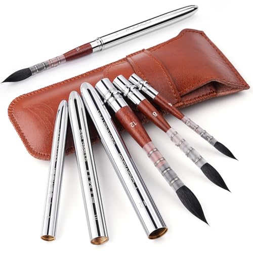 Squirrel Hair Travel Watercolor Brushes, Fuumuui 3pcs Natural Soft Squirrel Mop Round Fine Tip Quill Watercolor Travel Brushes with Leather Pouch for Watercolor Gouache Ink Painting - color: Red