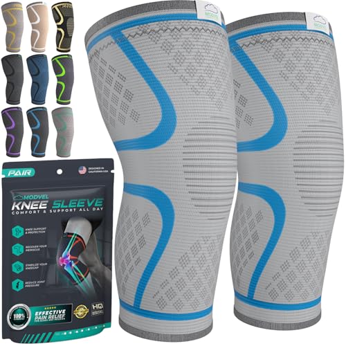 Modvel Compression Knee Brace for Women & Men - 2 Pack Knee Brace for Women Running Knee Pain, Knee Support Compression Sleeve, Workout Sports Knee Braces for Meniscus Tear ACL & Arthritis Pain Relief - color: GREY BLUE, size: Small