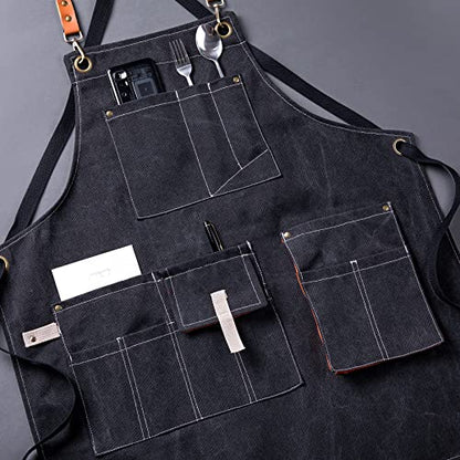 Aoomzoon Canvas Aprons for Men Chef Apron, Work Apron with Large Pockets - 16oz Heavy Duty Cross Back, BBQ, Cooking - color: Black