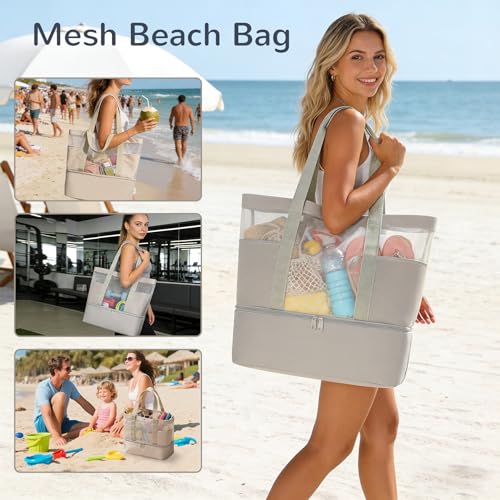Mesh Tote Beach Bag with Leakproof Wet Compartment - color: Khaki