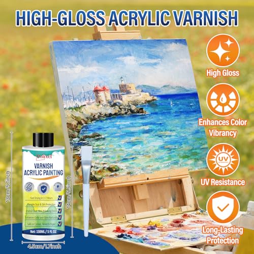 High Gloss Varnish for Acrylic Painting, Artist's Acrylic Varnish, Non-Yellowing, UV Resistant, Final Protective Coating for Canvas Art, Suitable for Pro Artists, Hobby Painter-5OZ/150ML