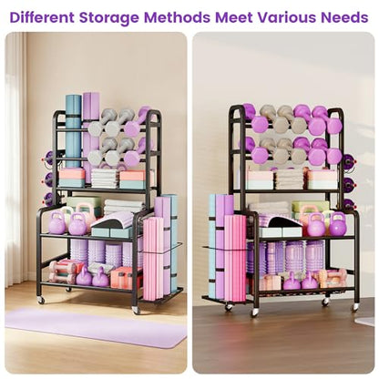 Homeiju Dumbbell Rack, Weight Rack for Home Gym, Yoga Mat Storage Holder with Lockable Wheels, Dumbbell Stand with Hooks, All in One Work out Equipment Storage for Yoga Mat Dumbbell and Balls - size: 5-Tier