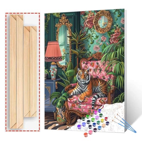 Tucocoo Jungle Wild Tiger Paint by Number Botanical and Animal Paint by Numbers Kits Beginner,Green Leaves and Floral Painting Canvas Unique Gift Art Crafts for Home Decor 16x20 Inch (DIY Framed) - color: Artwork-07, size: 16x20 Inches(DIY Frame)