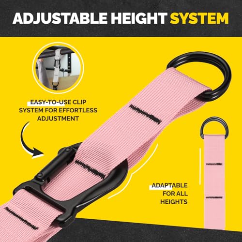 Pull Up Assistance Bands Set with 4 Levels, Adjustable Strap and Foot Rest | 50–200 lb stackable pull-up assistance, nylon-sleeved bands, adjustable support, reduced snap-back risk - color: Pink