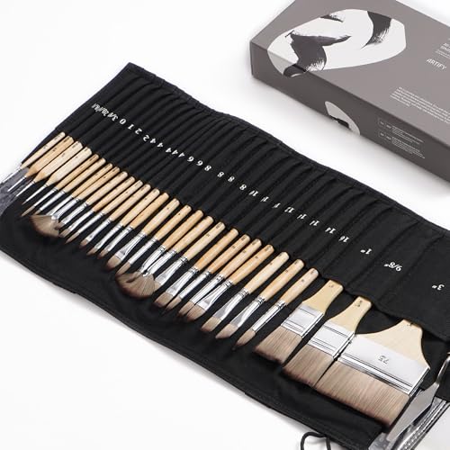 ARTIFY 30 Pieces Professional Paint Brush Set – Expert Series Synthetic Nylon Brushes for Acrylic, Oil, Watercolor, Gouache – No Shedding, Canvas Roll Case & Palette Knife, Artist Gifts Art Supplies - color: Wooden
