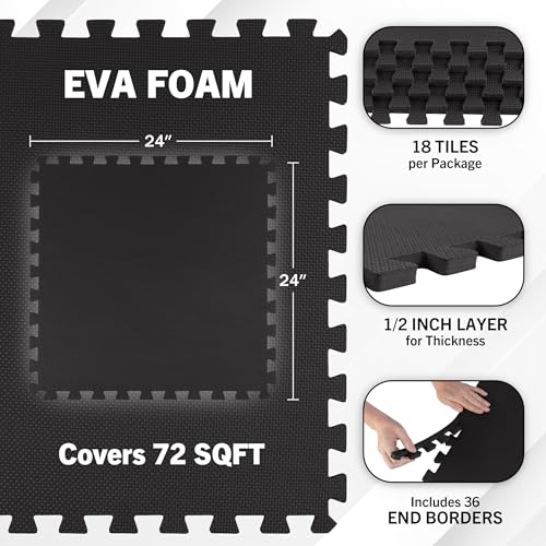 EVA Foam Mat Tiles 18-Pack - 72 SQ FT of Interlocking Padding for Garage, Playroom, or Gym Flooring - Exercise Mat or Baby Playmat by Stalwart (Black) - color: Black