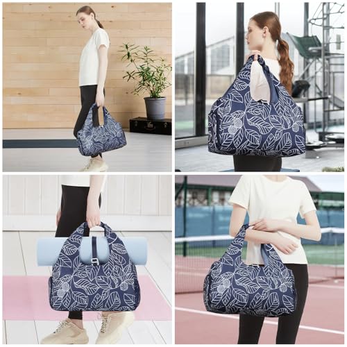 Sportsnew Tote Yoga Mat Gym Bag 20L Women W/Shoe Compartment Wet Dry Pocket | Water-Resistant Gym Tote - Mat Strap, Ventilated Shoe Bin, Wet Pocket, Padded Handle, Multi Pockets, Side Mesh & Key Clip - color: Navy Blue Leaf
