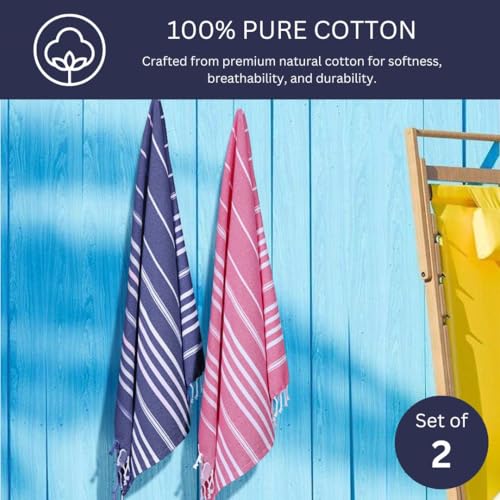 WeWove Turkish Peshtemal Beach Towels Large 39x70 Inch Set of 2-100% Cotton Soft Quick-Drying Absorbent Washable - Versatile for Beach Bath Pool Spa Picnic Travel - Turkish Towels Blue Pink - color: Blue Pink