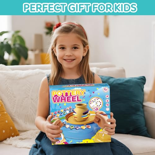 Pottery Wheel for Kids, Complete Kit with Air-Dry Clay, Ages 8-12 | Beginner pottery kit with air-dry clay, 12 paints, clay tools and apron - no kiln needed, screen-free craft gift ages 8-12 - color: Blue