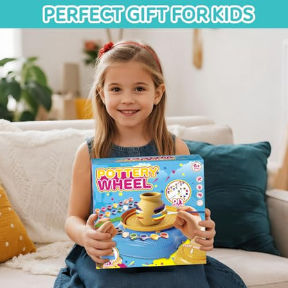 Pottery Wheel for Kids, Complete Kit with Air-Dry Clay, Ages 8-12 | Beginner pottery kit with air-dry clay, 12 paints, clay tools and apron - no kiln needed, screen-free craft gift ages 8-12 - color: Blue