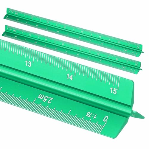 HARFINGTON 2 Pcs Architectural Scale Ruler, 12 Inch Metric Aluminum Alloy Architect Triangular Small Scale Laser-Etched Blueprint Drafting Ruler for Architects Engineers, Green - color: Green, size: 12 Inch