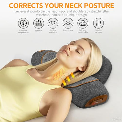 3-in-1 Neck Massager Pillow, Neck Massager for Pain Relief Deep Tissue, Massage Pillow with Heat, Vibration & Airbag Traction, 3D Ergonomic Cervical Hump Corrector Massage for Home Office