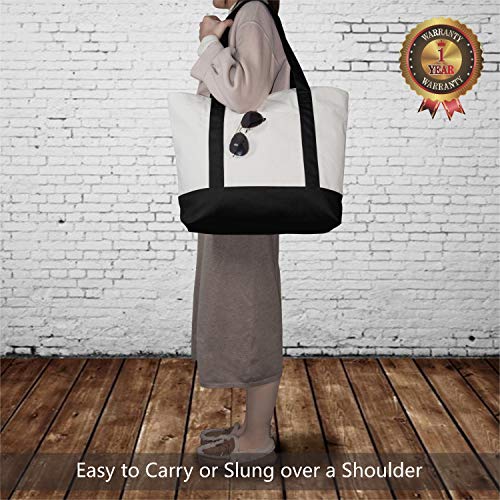 TOPDesign 1 | 3 | 6 | 30 Pack Canvas Tote Bag with an External Pocket, Reusable Grocery Shopping Bag, Top Zipper Closure, Daily Essentials (Black/Natural Pack of 1) - color: Black/Natural