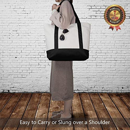 TOPDesign 1 | 3 | 6 | 30 Pack Canvas Tote Bag with an External Pocket, Reusable Grocery Shopping Bag, Top Zipper Closure, Daily Essentials (Black/Natural Pack of 1) - color: Black/Natural