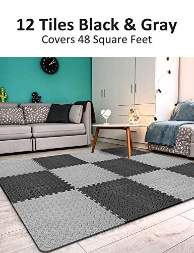 BEAUTYOVO Puzzle Exercise Mat with 12/24/48 Tiles Interlocking Foam Gym Mats, 24'' x 24'' EVA Foam Floor Tiles, Protective Flooring Mats for Gym Equipment - color: 48 Sq.ft/12 Tiles - Black & Gray