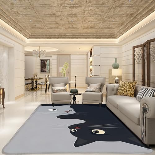 Living Room Rugs Cat Cartoon Carpet, Low Pile mat, Rubber Backing, Washable Non-Slip Large Rug for Dining Room Bedroom, Grey 2'x3' - color: Grey, size: 2'x3'