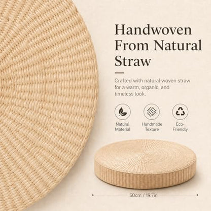 19.7" Round Tatami Floor Pillow, Handwoven Natural Straw Seat | Artisan Crafted, EPE Filling, Comfortable Support, Boho, Lightweight, for Livng Room Meditation Reading Nook Patio - size: 19.7''