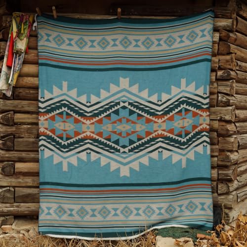 Aztec Throw Blanket with Soft Sherpa Fleece Lining, Native Southwestern Navajo Blanket for Camping, Cozy Boho Throws for Sofa, Bed, 50"x60", Aqua Blue - color: Aqua Blue, size: 50" x 60"
