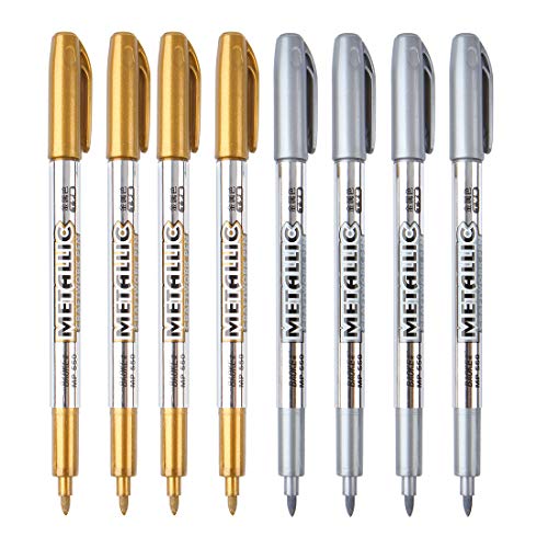 MYARTOOL Metallic Marker Pens, Gold and Silver Metallic Permanent Markers for Artist Illustration, Crafts, Gift Card Making, Scrapbooking, Fabric, DIY Photo Album, Value Set of 8 - color: Gold and Silver