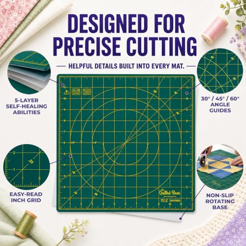 The Quilted Bear 12" x 12" Rotating Self-Healing Cutting Mat, Green | Square Mat, 360° Rotation, Locking Mechanism, 5-Layer Surface, Non-Slip Base, Clear Inch Grid & Angle Guides for Quilting - color: Green, size: 12"L x 12"W