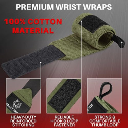 TECEUM Elastic Cotton Weightlifting Wrist Wraps with Thumb Loops, 1 Pair - color: Military Green, style: 18" – Arms on Fire