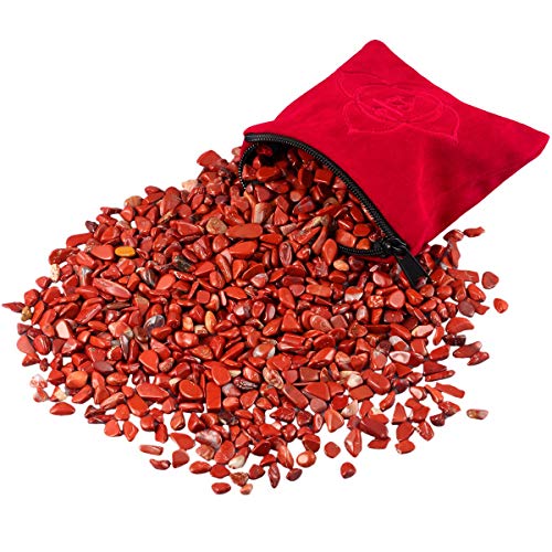 SUNYIK Natural Red Jasper Tumbled Chips Stones with Root Chakra Pillow | 0.5LB/230g Crushed Crystal Quartz Chips for 7 Chakra Healing Meditation Yoga Reiki Energy Balancing - color: Red/Red