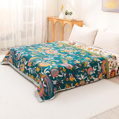 Flower and Bird Boho Throw Blanket for Bed Couch 90"×98" - color: Boho Flower-c, size: 90"x98"