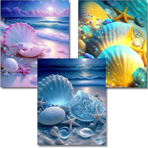 OFRKE Diamond Painting Kits for Adults,3 Pack Beach Shells Diamond Art for Beginners, Diamond Round 5D Full Drill Paint with Diamonds Pictures Gem Art Painting Kits DIY Crafts Kits 12x16inch - color: 3pcs-Shell