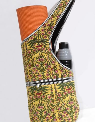 INDIAN CRAFT CASTLE Yoga Mat Bag | Tote Mat Bag | Sling Yoga Tote w/Large Side Pocket & Zipper Pocket | Yoga Mat Carrier Fits Most Size Mats - color: Green Yellow