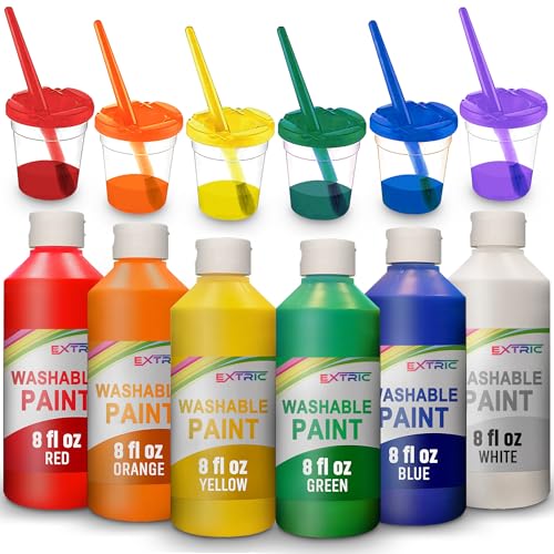 EXTRIC Washable Paint for Kids 6 PK x 8oz Bottles, Paint Cups & Brushes | Non-Toxic 6 Colors Washable Paints, 8 oz Squeeze Bottles, 6 Paint Cups & 6 Brushes Mess-Free Painting for Toddlers and Kids