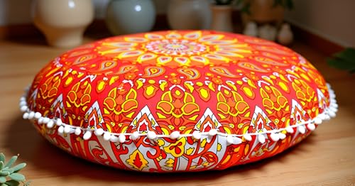 CRAFT KALA 22" Mandala Meditation Floor Pillows Cover Pouf Cover Round Seating Bohemian Mandala Cotton Floor Cushion Cover Outdoor Fireplace Seating Living Room Yoga Room Home Décor (Orange Flower) - color: Orange Flower