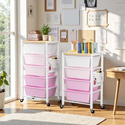 Rolling Cart with 5 Drawers, Plastic Drawer Storage Carts with Wheels & Wooden Tabletop, Metal Utility Cart with Pegboards, Office Living Room Classroom Craft Organization and Storage, Bright Pink - color: Bright Pink, size: 5-drawer