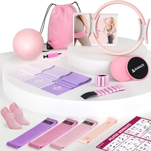 NANATI Pilates Kit, Home Pilates Workout Kit for Women, Pilates Equipment with 14.5"" Pilates Ring and Ball, Resistance Bands, Ankle Weights, Sliders & Grip Socks for Home Workouts - color: New Pink